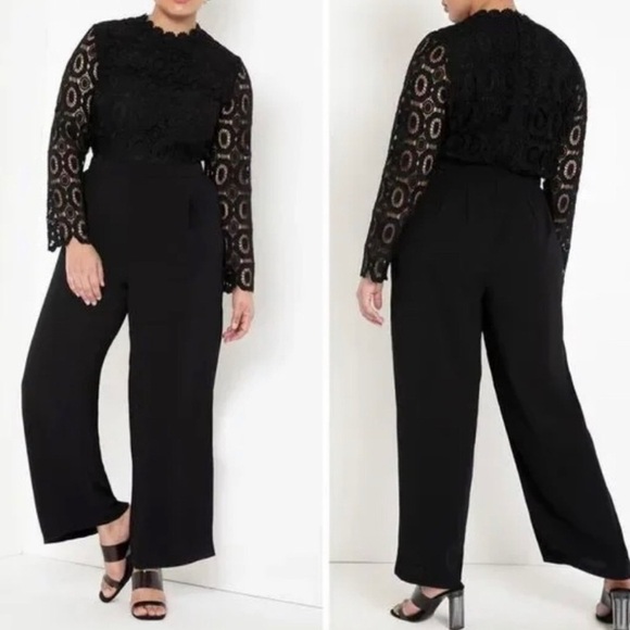 Eloquii Pants - Eloquii Black Long Sleeve Lace Bodice Wide Leg Jumpsuit Size 18 NWT Elegant